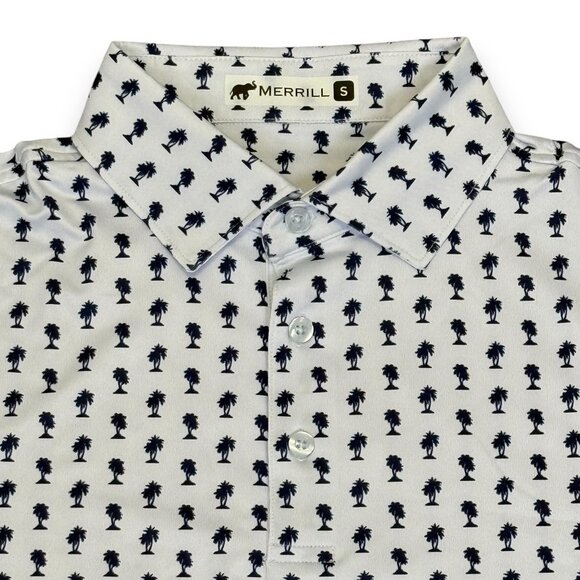 Merrill Apparel Men's Palm Tree Pattern Polo White & Navy - Picture 2 of 4